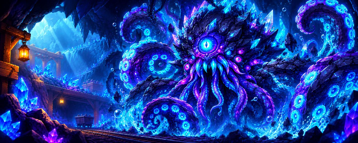 The Deep Abyssal, a many-eyed tentacled horror glowing in blue and purple