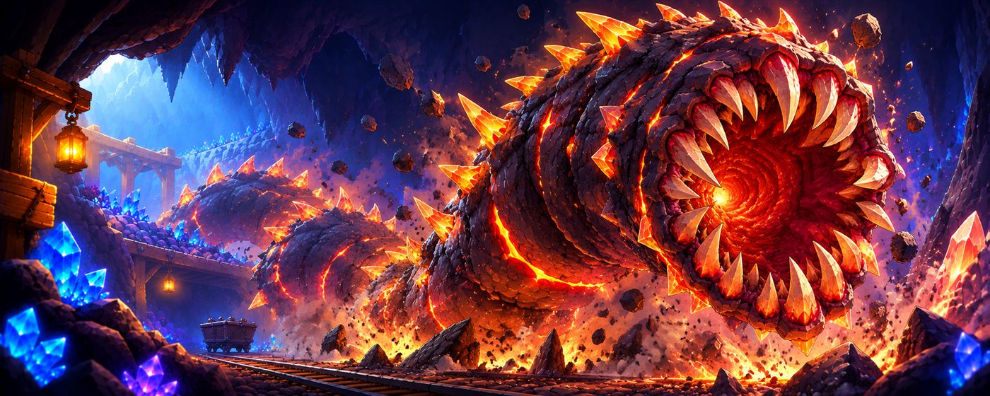 The Giant Worm bursting out of the rock with a ring of crystal teeth