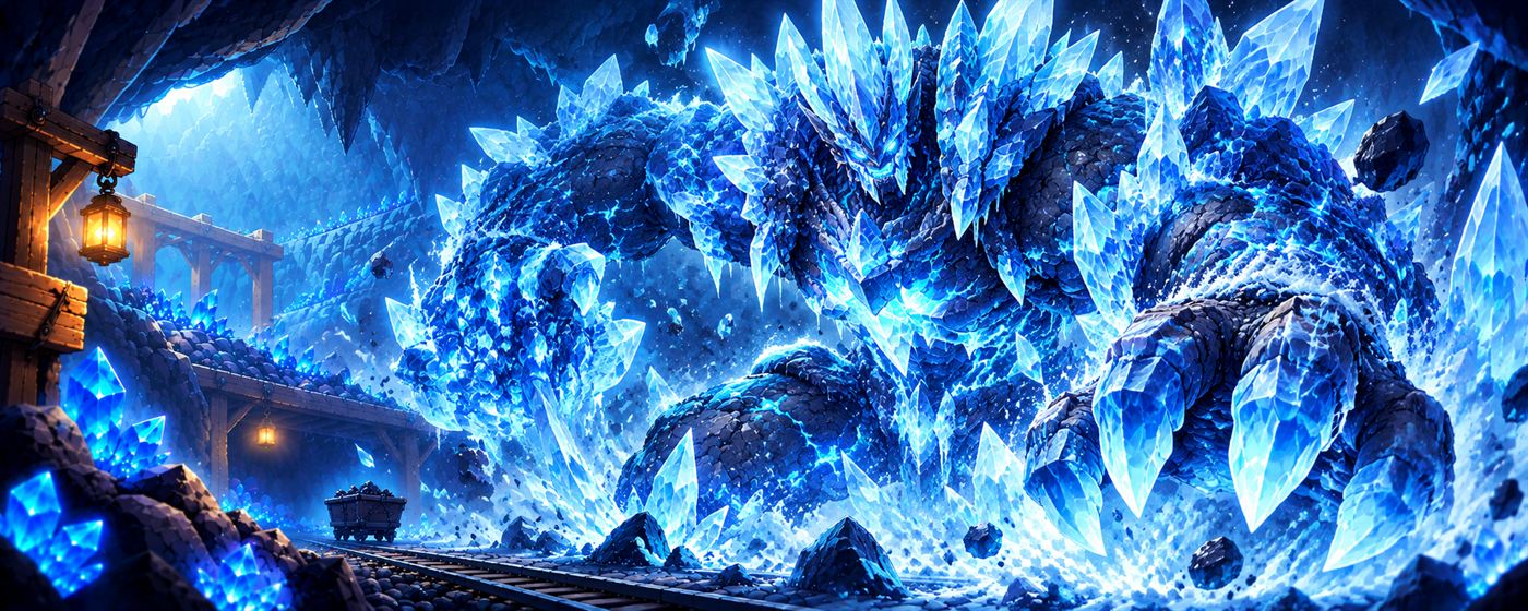 The Ice Titan, a hulking giant covered in blue ice crystals