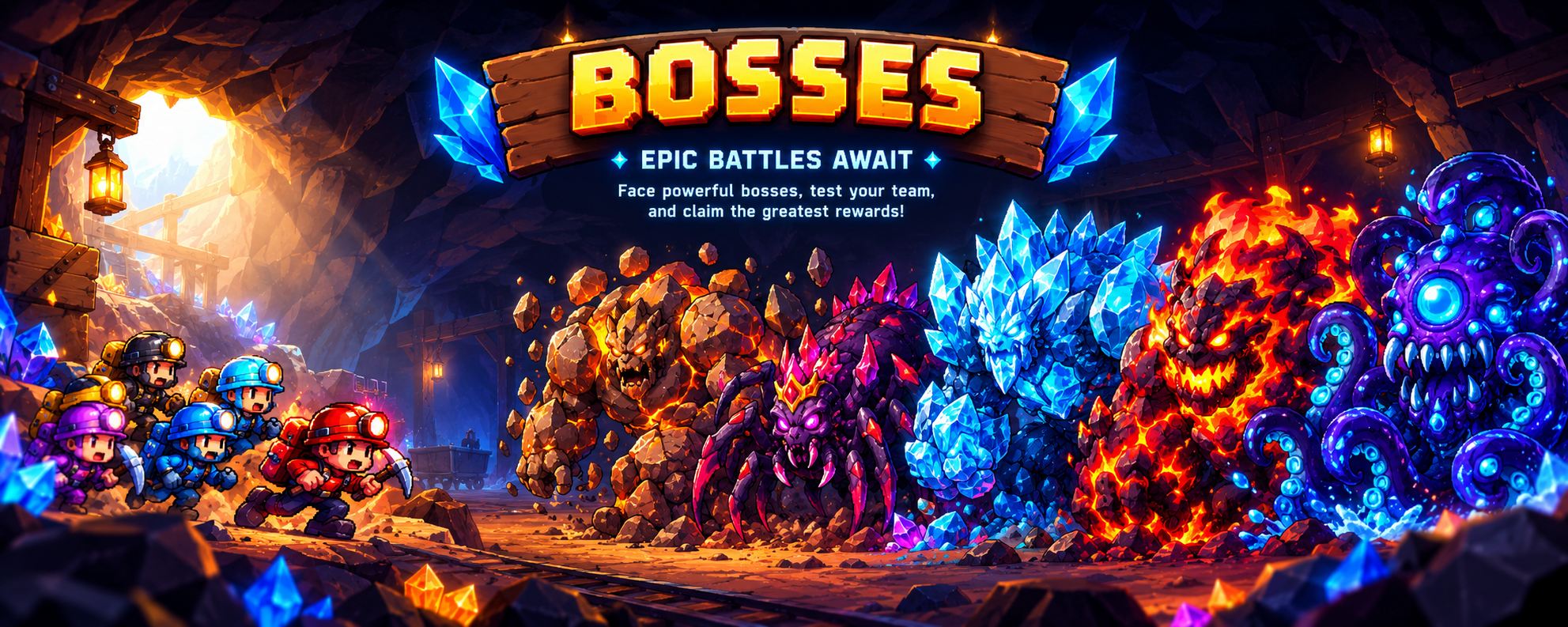 Five miners charging toward a lineup of bosses: a rock golem, a spider queen, an ice titan, a lava beast and a tentacled abyssal creature.