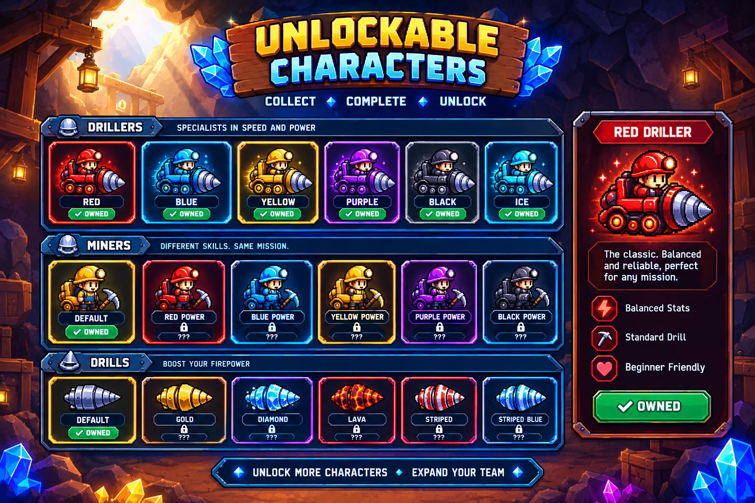 Unlockable characters: miners on foot and drill machines in many colours