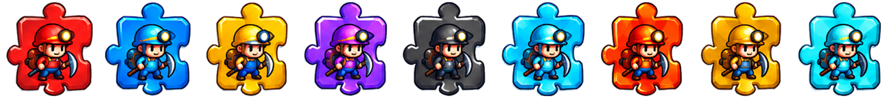 Nine puzzle pieces, one for each miner colour